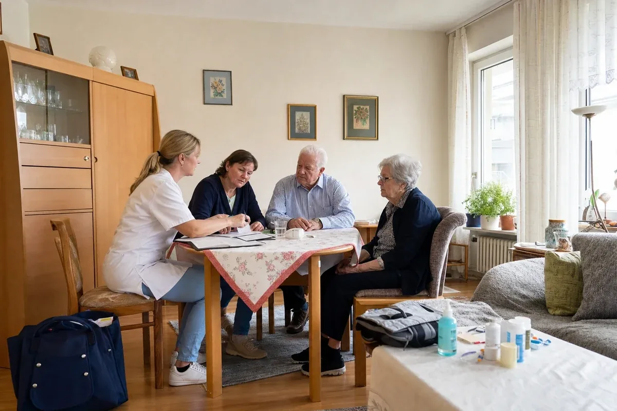 „Häusliche Krankenpflege – Voraussetzungen“: Eine Pflegefachperson bespricht mit einer pflegebedürftigen Person die weitere Versorgung nach einer Behandlung.