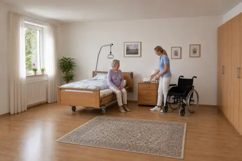 Hausnotruf, Pflegebett oder Rollstuhl beantragen „Hausnotruf, Pflegebett oder Rollstuhl beantragen“: Eine Pflegefachperson und eine pflegebedürftige Person besprechen gemeinsam eine Mobilitätshilfe.