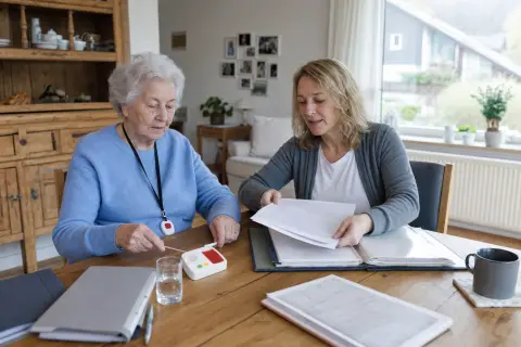 „Hausnotruf – Unterlagen“: Eine Angehörige erklärt einer älteren Person die Nutzung eines Hausnotrufsystems in der Wohnung.