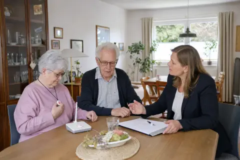 „Hausnotruf – Voraussetzungen“: Eine Angehörige erklärt einer älteren Person die Nutzung eines Hausnotrufsystems in der Wohnung.
