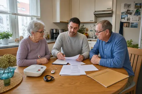 „Zuschuss zum Hausnotruf – Antrag“: Eine Angehörige erklärt einer älteren Person die Nutzung eines Hausnotrufsystems in der Wohnung.