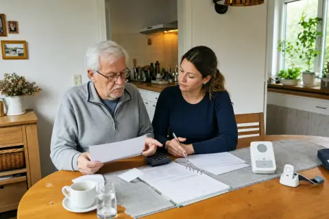 „Zuschuss zum Hausnotruf – Kosten“: Eine Angehörige erklärt einer älteren Person die Nutzung eines Hausnotrufsystems in der Wohnung.
