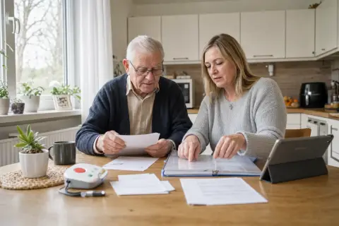 „Zuschuss zum Hausnotruf – Unterlagen“: Eine Angehörige erklärt einer älteren Person die Nutzung eines Hausnotrufsystems in der Wohnung.