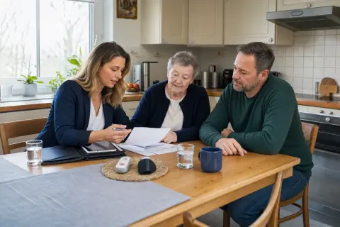 „Zuschuss zum Hausnotruf – Voraussetzungen“: Eine Angehörige erklärt einer älteren Person die Nutzung eines Hausnotrufsystems in der Wohnung.