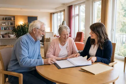 Heimvertrag – Unterlagen „Heimvertrag – Unterlagen“: Angehörige und eine ältere Person vergleichen Unterlagen zur stationären Pflege und deren Finanzierung.