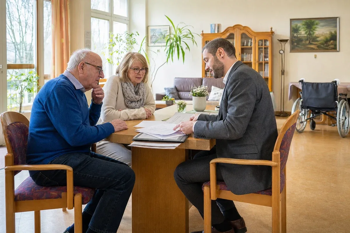 „Heimvertrag – Voraussetzungen“: Angehörige und eine ältere Person vergleichen Unterlagen zur stationären Pflege und deren Finanzierung.