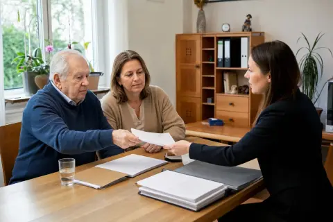 „Hilfe zur Pflege – Antrag“: Angehörige und eine ältere Person vergleichen Unterlagen zur stationären Pflege und deren Finanzierung.