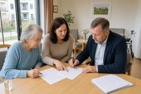 „Hilfe zur Pflege im Pflegeheim – Antrag“: Angehörige und eine ältere Person vergleichen Unterlagen zur stationären Pflege und deren Finanzierung.