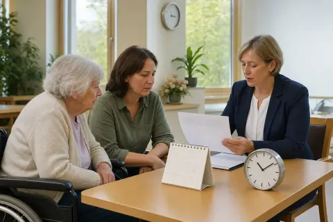 „Hilfe zur Pflege im Pflegeheim – Fristen“: Angehörige und eine ältere Person vergleichen Unterlagen zur stationären Pflege und deren Finanzierung.