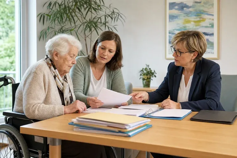 Hilfe zur Pflege im Pflegeheim – Unterlagen „Hilfe zur Pflege im Pflegeheim – Unterlagen“: Angehörige und eine ältere Person vergleichen Unterlagen zur stationären Pflege und deren Finanzierung.
