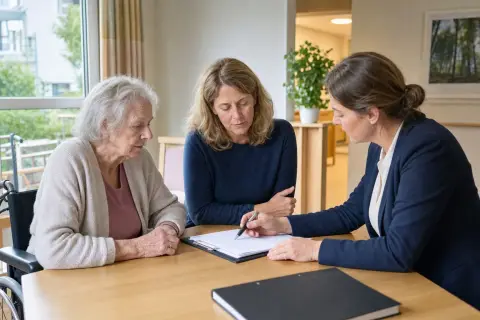 „Hilfe zur Pflege im Pflegeheim – Voraussetzungen“: Angehörige und eine ältere Person vergleichen Unterlagen zur stationären Pflege und deren Finanzierung.
