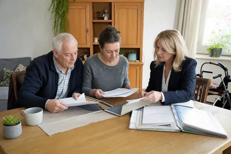Hilfe zur Pflege – Unterlagen „Hilfe zur Pflege – Unterlagen“: Angehörige und eine ältere Person vergleichen Unterlagen zur stationären Pflege und deren Finanzierung.