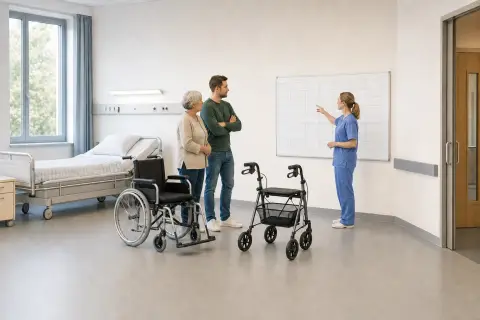 Hilfsmittel vor der Entlassung – Fristen „Hilfsmittel vor der Entlassung – Fristen“: Eine Pflegefachperson bespricht mit einer pflegebedürftigen Person die weitere Versorgung nach einer Behandlung.