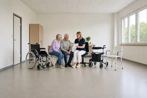 „Hilfsmittel vor der Entlassung – Kosten“: Eine Pflegefachperson bespricht mit einer pflegebedürftigen Person die weitere Versorgung nach einer Behandlung.