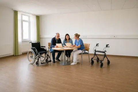 Hilfsmittel vor der Entlassung – Unterlagen „Hilfsmittel vor der Entlassung – Unterlagen“: Eine Pflegefachperson bespricht mit einer pflegebedürftigen Person die weitere Versorgung nach einer Behandlung.