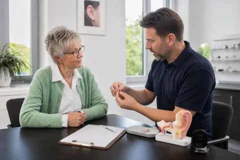 Hörgerät – Voraussetzungen „Hörgerät – Voraussetzungen“: Eine Angehörige und eine pflegebedürftige Person ordnen gemeinsam medizinische Unterlagen und Hilfsmittel.