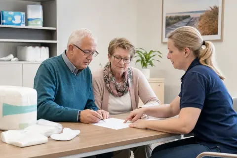 Inkontinenzhilfen – Antrag „Inkontinenzhilfen – Antrag“: Eine Angehörige und eine pflegebedürftige Person ordnen gemeinsam medizinische Unterlagen und Hilfsmittel.