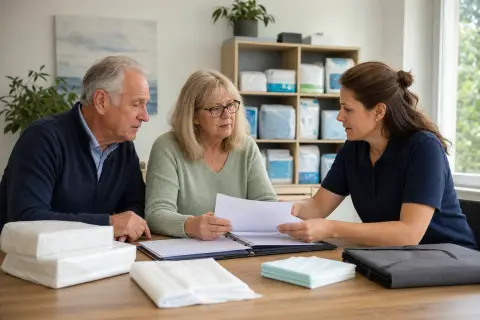 Inkontinenzhilfen – Unterlagen „Inkontinenzhilfen – Unterlagen“: Eine Angehörige und eine pflegebedürftige Person ordnen gemeinsam medizinische Unterlagen und Hilfsmittel.