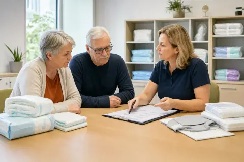 Inkontinenzhilfen – Voraussetzungen „Inkontinenzhilfen – Voraussetzungen“: Eine Angehörige und eine pflegebedürftige Person ordnen gemeinsam medizinische Unterlagen und Hilfsmittel.