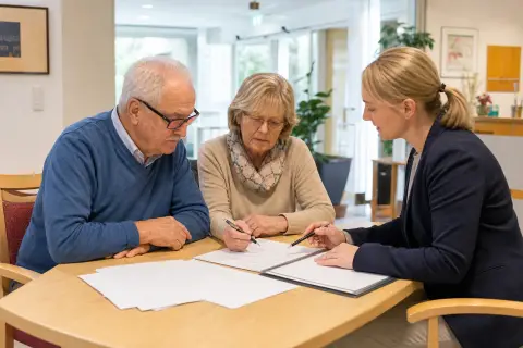 „Investitionskosten im Pflegeheim – Antrag“: Angehörige und eine ältere Person vergleichen Unterlagen zur stationären Pflege und deren Finanzierung.