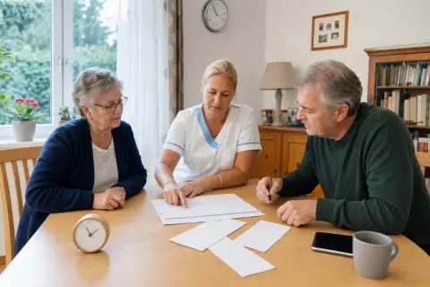 Kombinationsleistung – Fristen „Kombinationsleistung – Fristen“: Eine Angehörige und eine pflegebedürftige Person prüfen gemeinsam Pflegeunterlagen an einem Tisch.