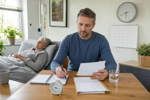 „Kurzzeitige Arbeitsverhinderung – Fristen“: Eine pflegende Angehörige prüft Unterlagen zur Vereinbarkeit von Beruf, Absicherung und Pflege.