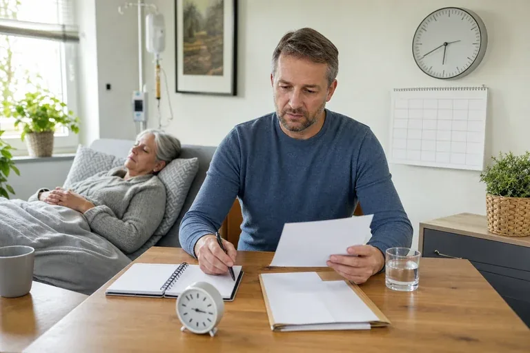 Kurzzeitige Arbeitsverhinderung – Fristen „Kurzzeitige Arbeitsverhinderung – Fristen“: Eine pflegende Angehörige prüft Unterlagen zur Vereinbarkeit von Beruf, Absicherung und Pflege.