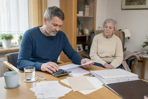 Kurzzeitige Arbeitsverhinderung – Kosten „Kurzzeitige Arbeitsverhinderung – Kosten“: Eine pflegende Angehörige prüft Unterlagen zur Vereinbarkeit von Beruf, Absicherung und Pflege.