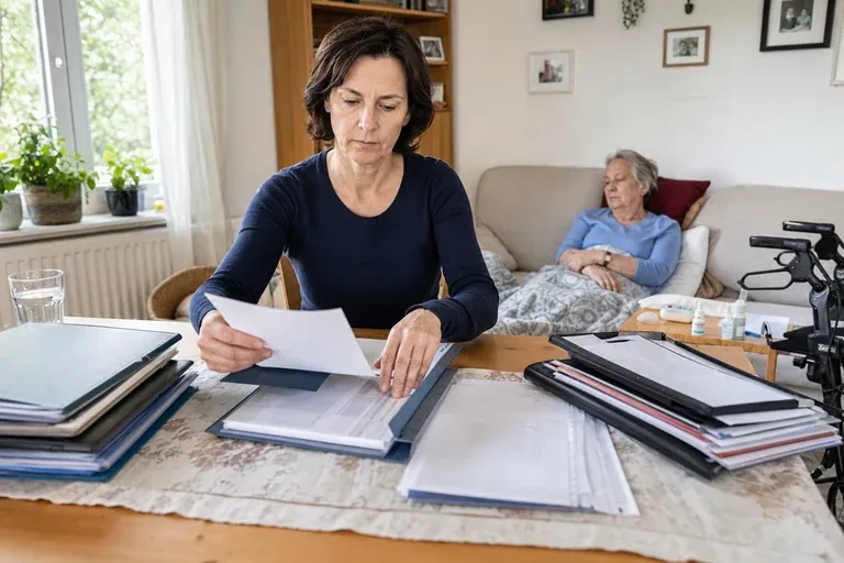 Kurzzeitige Arbeitsverhinderung – Unterlagen „Kurzzeitige Arbeitsverhinderung – Unterlagen“: Eine pflegende Angehörige prüft Unterlagen zur Vereinbarkeit von Beruf, Absicherung und Pflege.