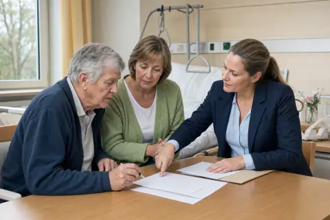 „Kurzzeitpflege nach der Klinik – Antrag“: Eine Pflegefachperson bespricht mit einer pflegebedürftigen Person die weitere Versorgung nach einer Behandlung.