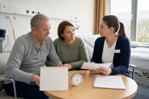 „Kurzzeitpflege nach der Klinik – Fristen“: Eine Pflegefachperson bespricht mit einer pflegebedürftigen Person die weitere Versorgung nach einer Behandlung.