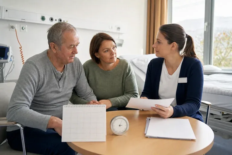 Kurzzeitpflege nach der Klinik – Fristen „Kurzzeitpflege nach der Klinik – Fristen“: Eine Pflegefachperson bespricht mit einer pflegebedürftigen Person die weitere Versorgung nach einer Behandlung.