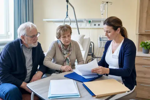 „Kurzzeitpflege nach der Klinik – Unterlagen“: Eine Pflegefachperson bespricht mit einer pflegebedürftigen Person die weitere Versorgung nach einer Behandlung.