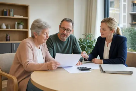 Leistungszuschlag im Pflegeheim – Kosten „Leistungszuschlag im Pflegeheim – Kosten“: Angehörige und eine ältere Person vergleichen Unterlagen zur stationären Pflege und deren Finanzierung.