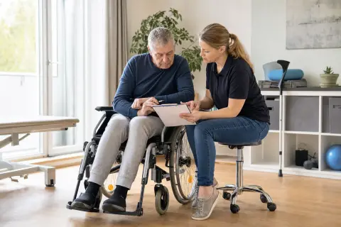 „Manueller Rollstuhl – Antrag“: Eine Pflegefachperson und eine pflegebedürftige Person besprechen gemeinsam eine Mobilitätshilfe.