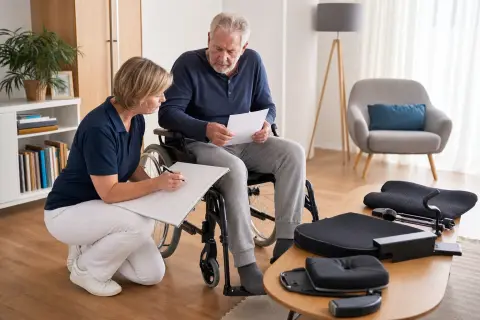 „Manueller Rollstuhl – Fristen“: Eine Pflegefachperson und eine pflegebedürftige Person besprechen gemeinsam eine Mobilitätshilfe.