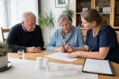 „Medikamentenplan organisieren – Antrag“: Eine Angehörige und eine pflegebedürftige Person ordnen gemeinsam medizinische Unterlagen und Hilfsmittel.