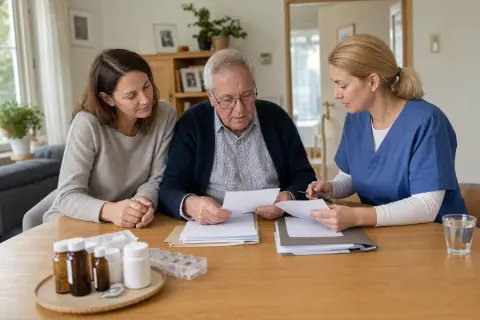 „Medikamentenplan organisieren – Unterlagen“: Eine Angehörige und eine pflegebedürftige Person ordnen gemeinsam medizinische Unterlagen und Hilfsmittel.