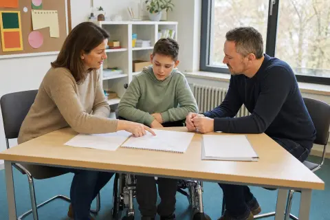 Nachteilsausgleich in der Schule – Fristen „Nachteilsausgleich in der Schule – Fristen“: Eltern und eine Fachberaterin besprechen zu Hause die Unterstützung eines pflegebedürftigen Kindes.