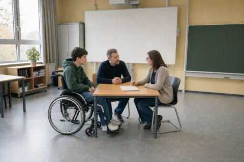 Nachteilsausgleich in der Schule – Kosten „Nachteilsausgleich in der Schule – Kosten“: Eltern und eine Fachberaterin besprechen zu Hause die Unterstützung eines pflegebedürftigen Kindes.