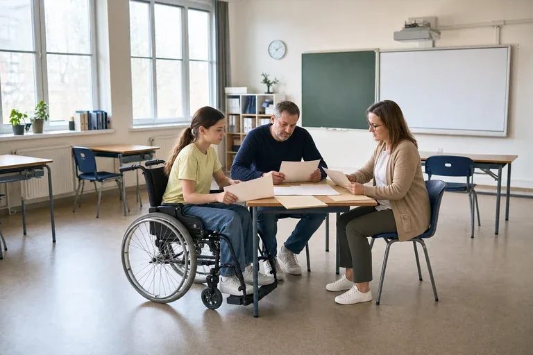 Nachteilsausgleich in der Schule – Unterlagen „Nachteilsausgleich in der Schule – Unterlagen“: Eltern und eine Fachberaterin besprechen zu Hause die Unterstützung eines pflegebedürftigen Kindes.