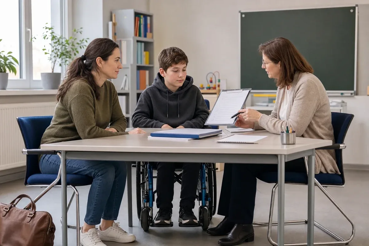 Nachteilsausgleich in der Schule – Voraussetzungen „Nachteilsausgleich in der Schule – Voraussetzungen“: Eltern und eine Fachberaterin besprechen zu Hause die Unterstützung eines pflegebedürftigen Kindes.