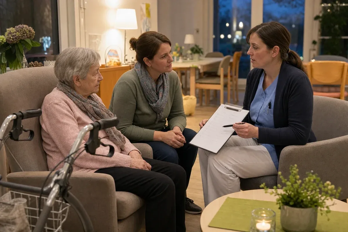 „Nachtpflege – Voraussetzungen“: Eine Angehörige und eine pflegebedürftige Person prüfen gemeinsam Pflegeunterlagen an einem Tisch.