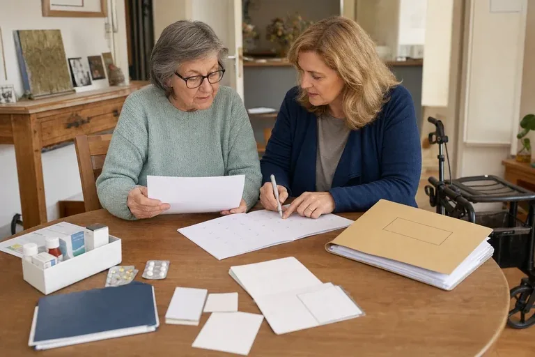 Notfallmappe – Fristen „Notfallmappe – Fristen“: Eine Angehörige und eine pflegebedürftige Person prüfen gemeinsam Pflegeunterlagen an einem Tisch.