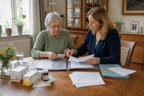 Notfallmappe – Unterlagen „Notfallmappe – Unterlagen“: Eine Angehörige und eine pflegebedürftige Person prüfen gemeinsam Pflegeunterlagen an einem Tisch.