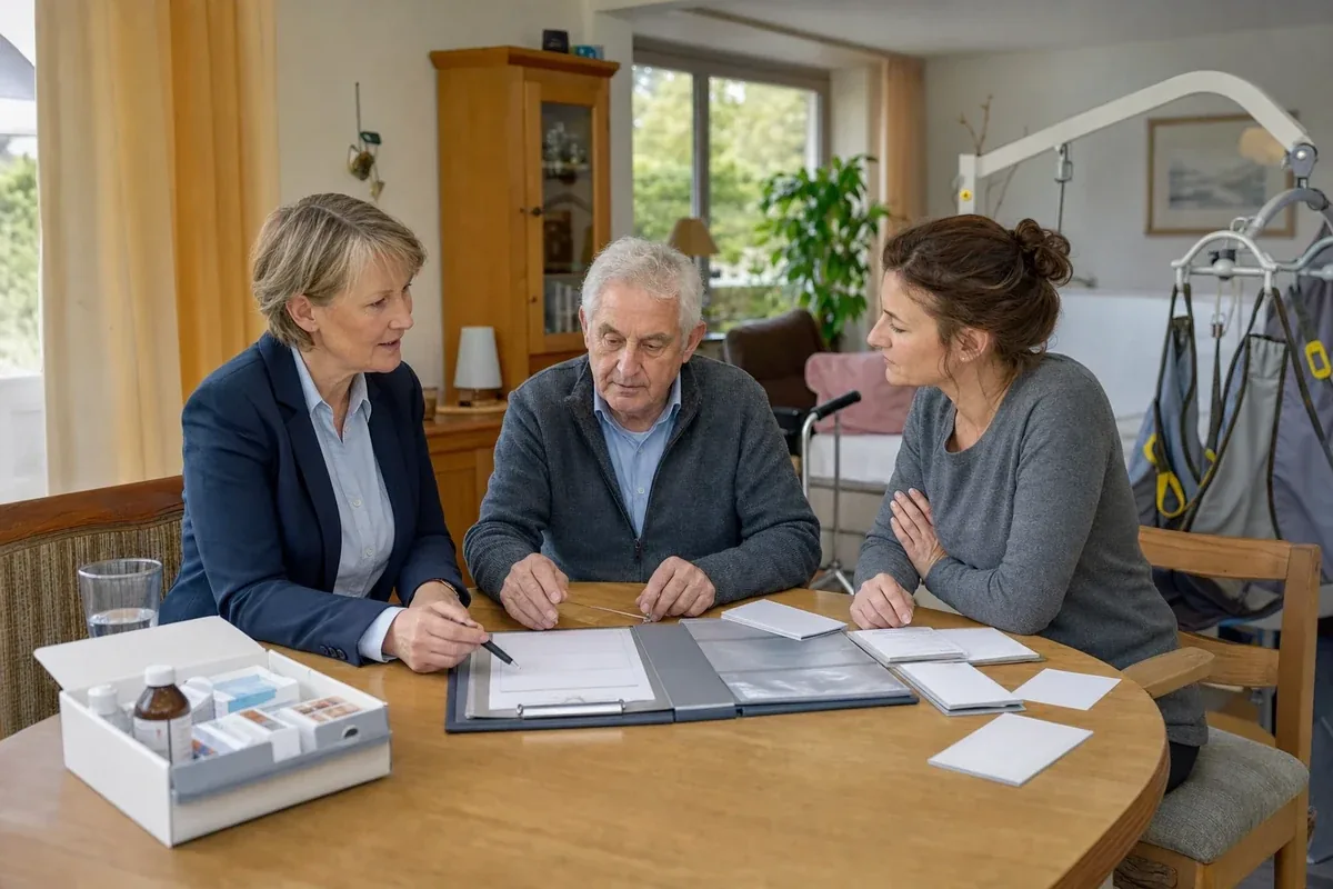 „Notfallmappe – Voraussetzungen“: Eine Angehörige und eine pflegebedürftige Person prüfen gemeinsam Pflegeunterlagen an einem Tisch.
