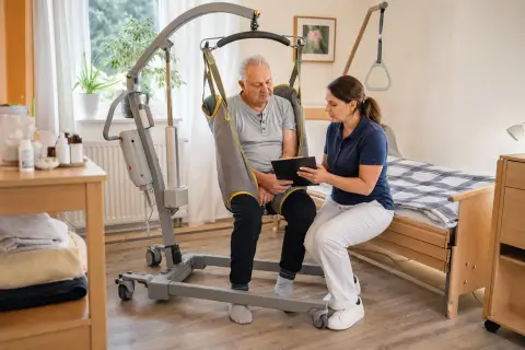 „Patientenlifter – Antrag“: Eine Angehörige und eine pflegebedürftige Person prüfen gemeinsam Pflegeunterlagen an einem Tisch.