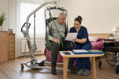 „Patientenlifter – Kosten“: Eine Angehörige und eine pflegebedürftige Person prüfen gemeinsam Pflegeunterlagen an einem Tisch.