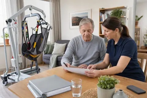 „Patientenlifter – Voraussetzungen“: Eine Angehörige und eine pflegebedürftige Person prüfen gemeinsam Pflegeunterlagen an einem Tisch.