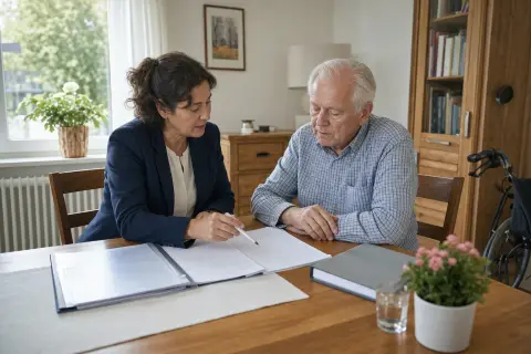 „Patientenverfügung im Pflegealltag – Voraussetzungen“: Eine Angehörige bespricht mit einer älteren Person wichtige Unterlagen und Entscheidungen für den Pflegealltag.